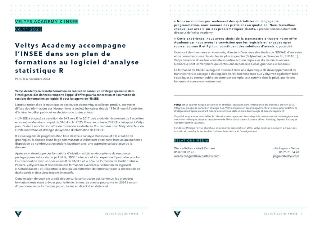 communiqué de presse Veltys Academy INSEE logiciel R